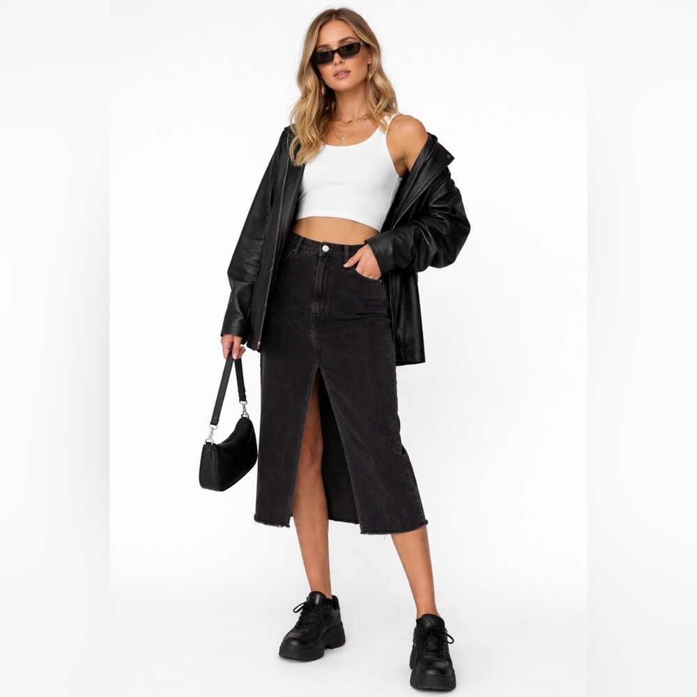 Dynamite Black High-Rise Midi Denim Skirt with Front Slit and Raw Hem